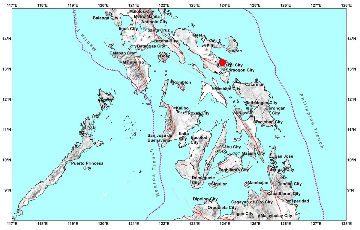 Mapa de intensidade sísmica do terremoto na região de Bicol, Filipinas