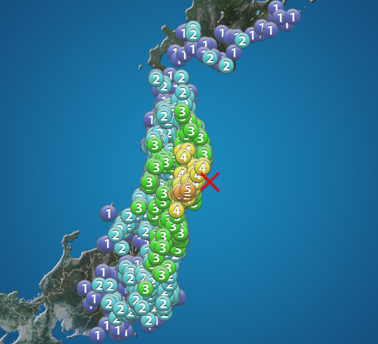 Mapa sísmico do terremoto de magnitude 6,3 na costa de Miyagi, Japão