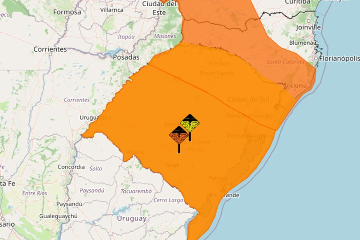 Mapa de alerta de tempestades no Rio Grande do Sul